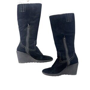 EUROSOFT BY SOFFT Women's Black Leather Suede Partial Zip Wedge Tall Boot 9M